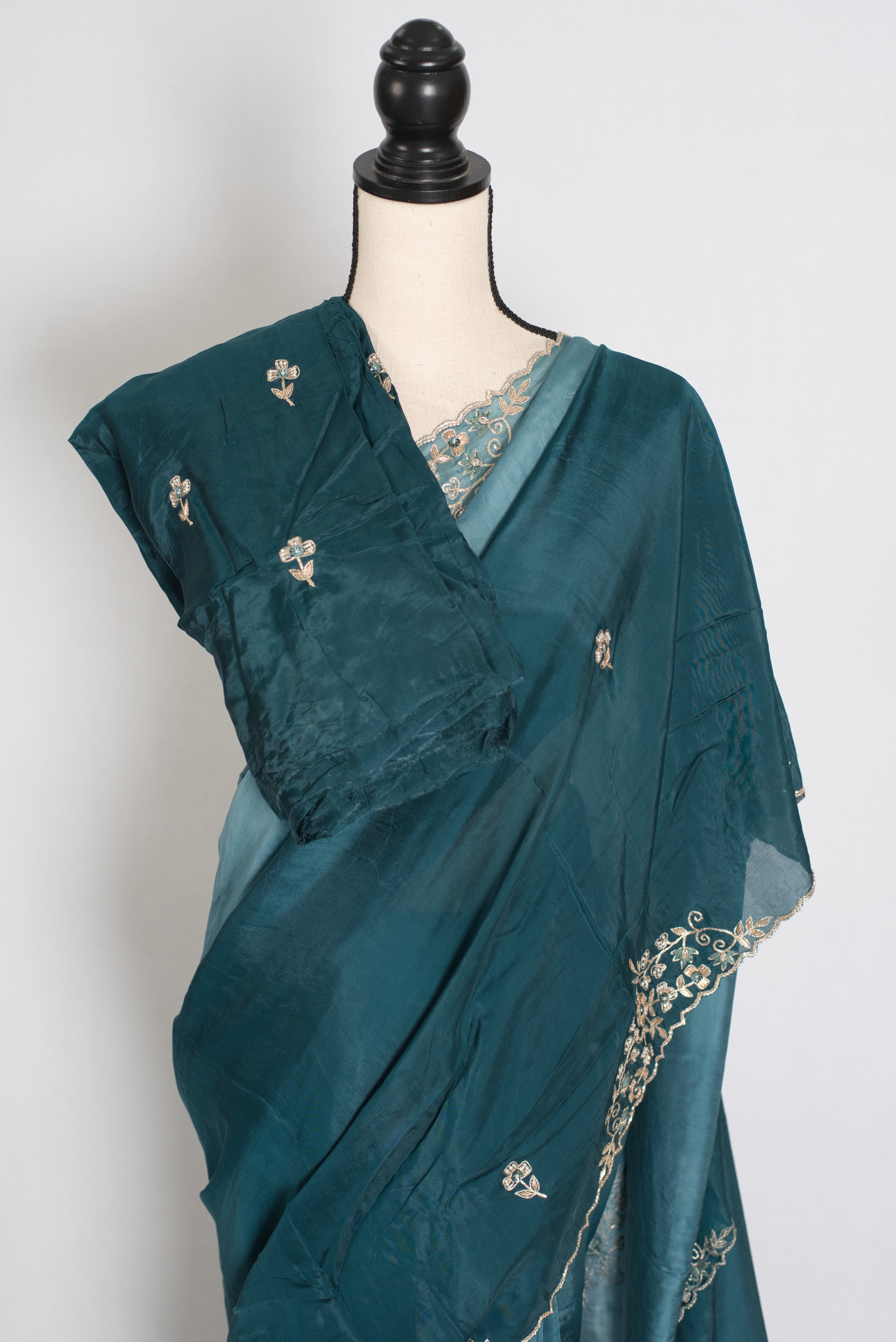 Nadia | Teal Green Shaded Soft Organza Saree | Zardosi Hand Embroidery