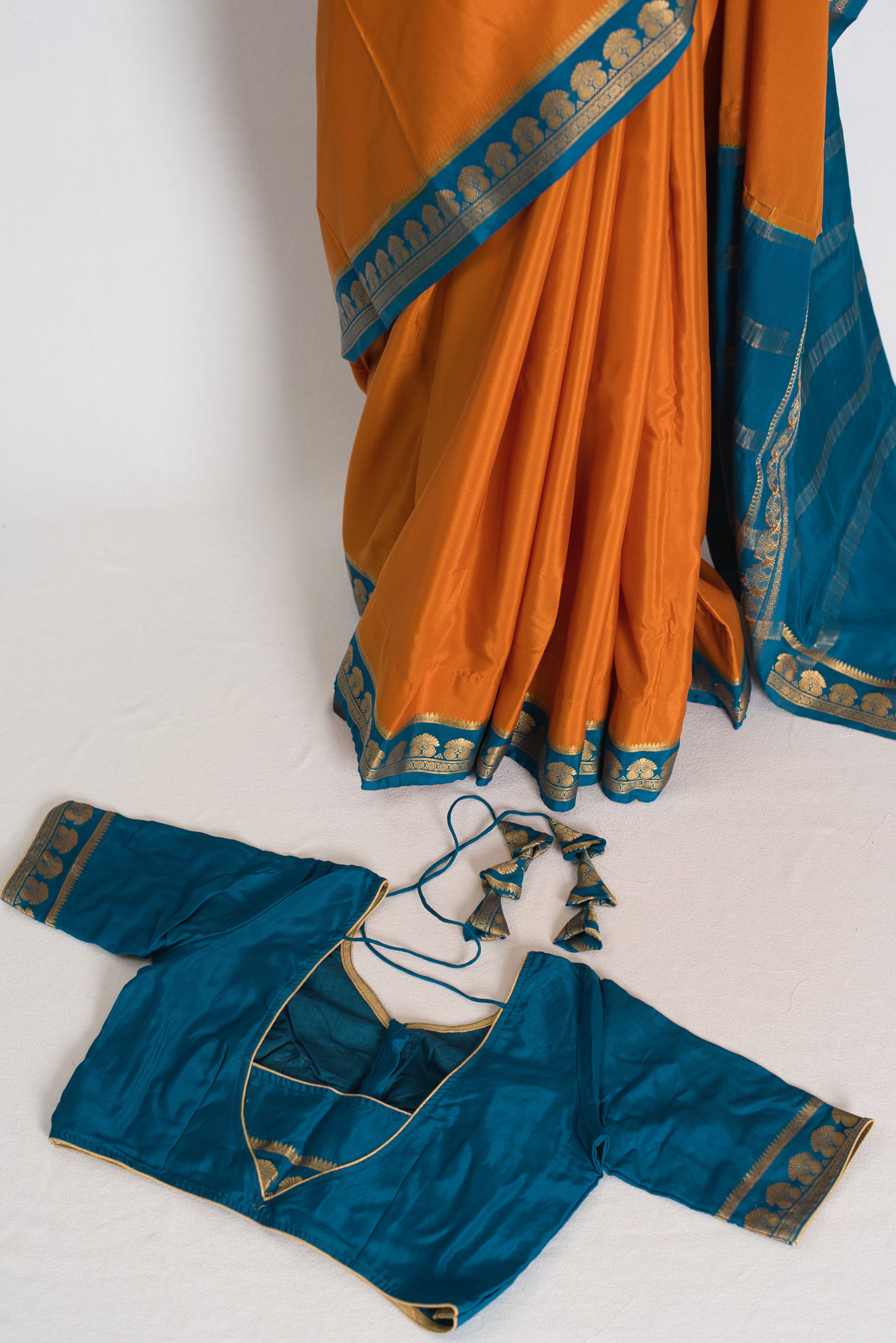 Nandini Orange and Turquoise Pure Mysore Silk Crepe Saree with 36 Size Blouse