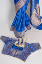 Nila | Blue Semi Mashru Banarasi Saree | Pre-Stitched Size 42 Brocade Blouse