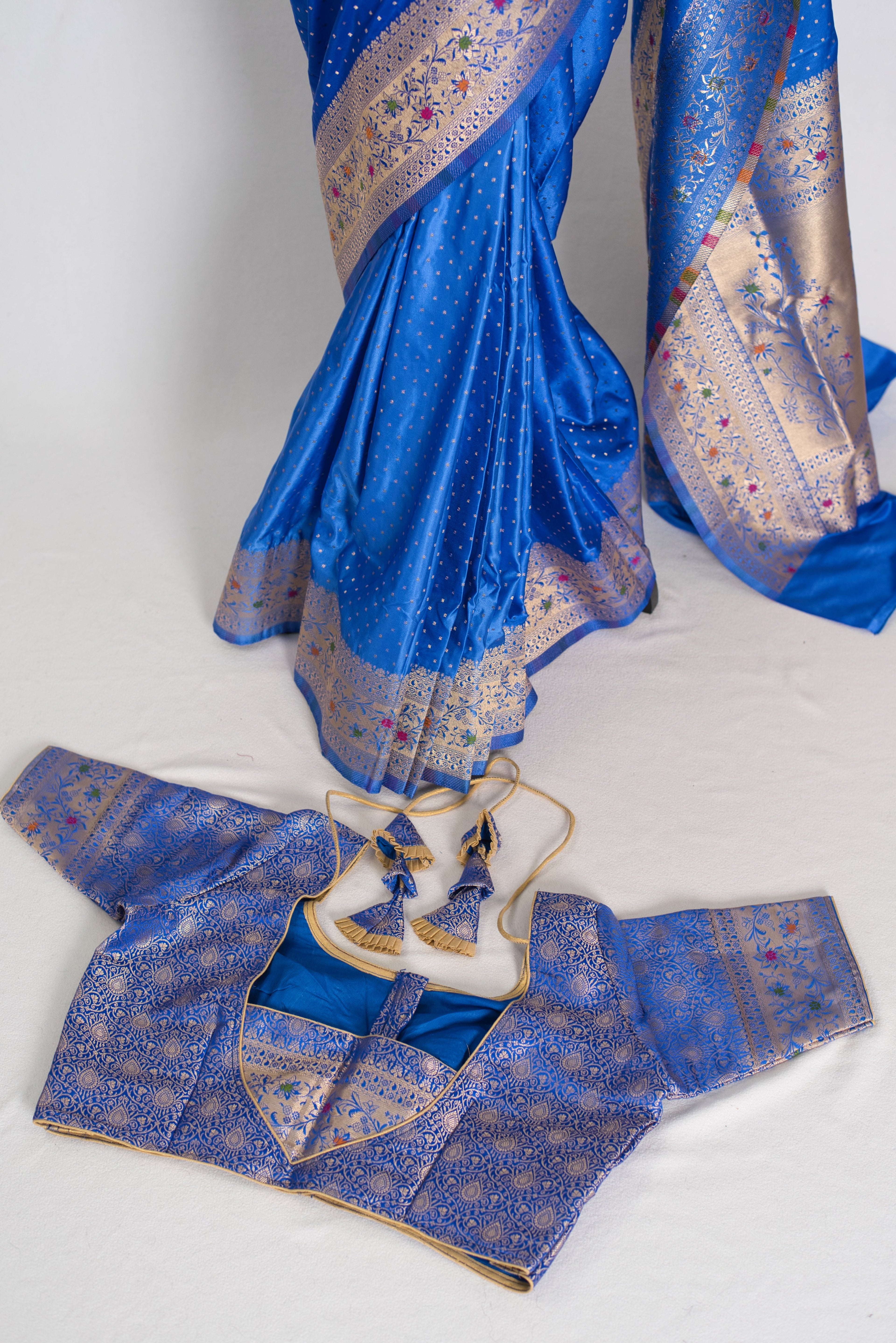 Nila | Blue Semi Mashru Banarasi Saree | Pre-Stitched Size 42 Brocade Blouse