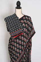 Afrin | Black Ajrakh Printed Saree | Mirror Work Semi Modal Silk
