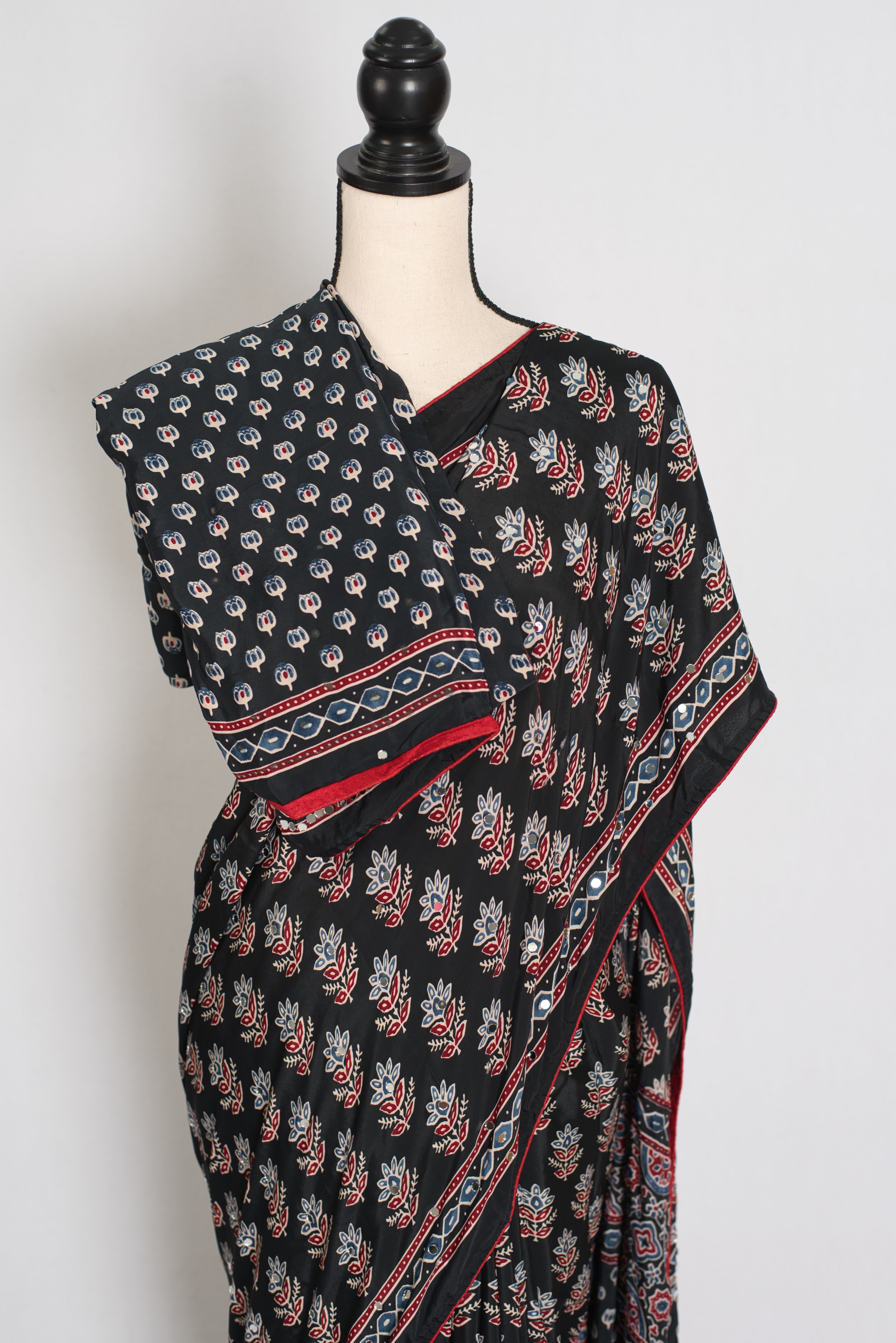 Afrin | Black Ajrakh Printed Saree | Mirror Work Semi Modal Silk