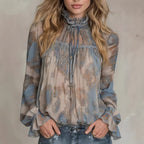Womens Retro Long-Sleeve Stand-Neck Lace-Up Ruffle Flare-Sleeve Shirt