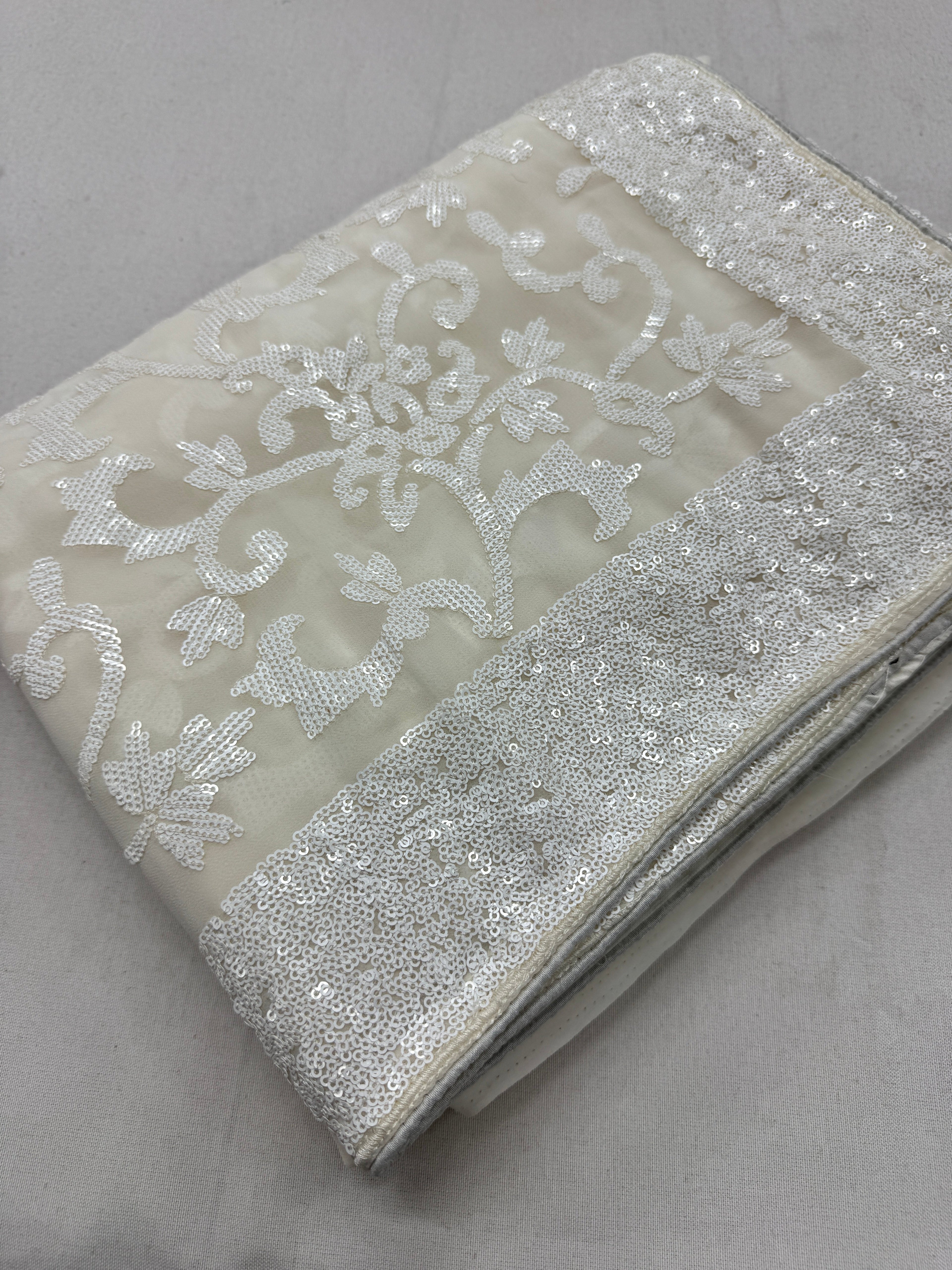 Damini | Ivory White Sequin Georgette Cocktail Saree | Classic Embroidery