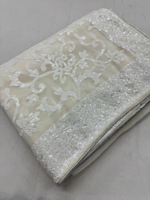 Damini | Ivory White Sequin Georgette Cocktail Saree | Classic Embroidery