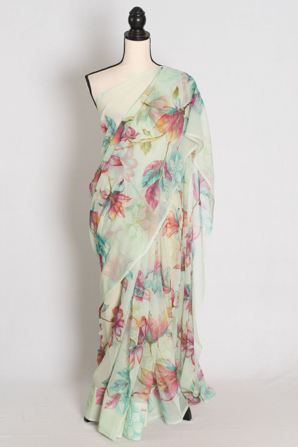 Ila : Sea Green Floral Printed Chiffon Saree – Budget-Friendly Summer Drape