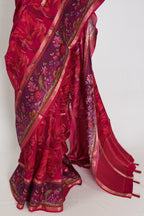 Stuti | Dark Rose Pink Dola Silk Banarasi Saree | Contrast Purple Floral Printed