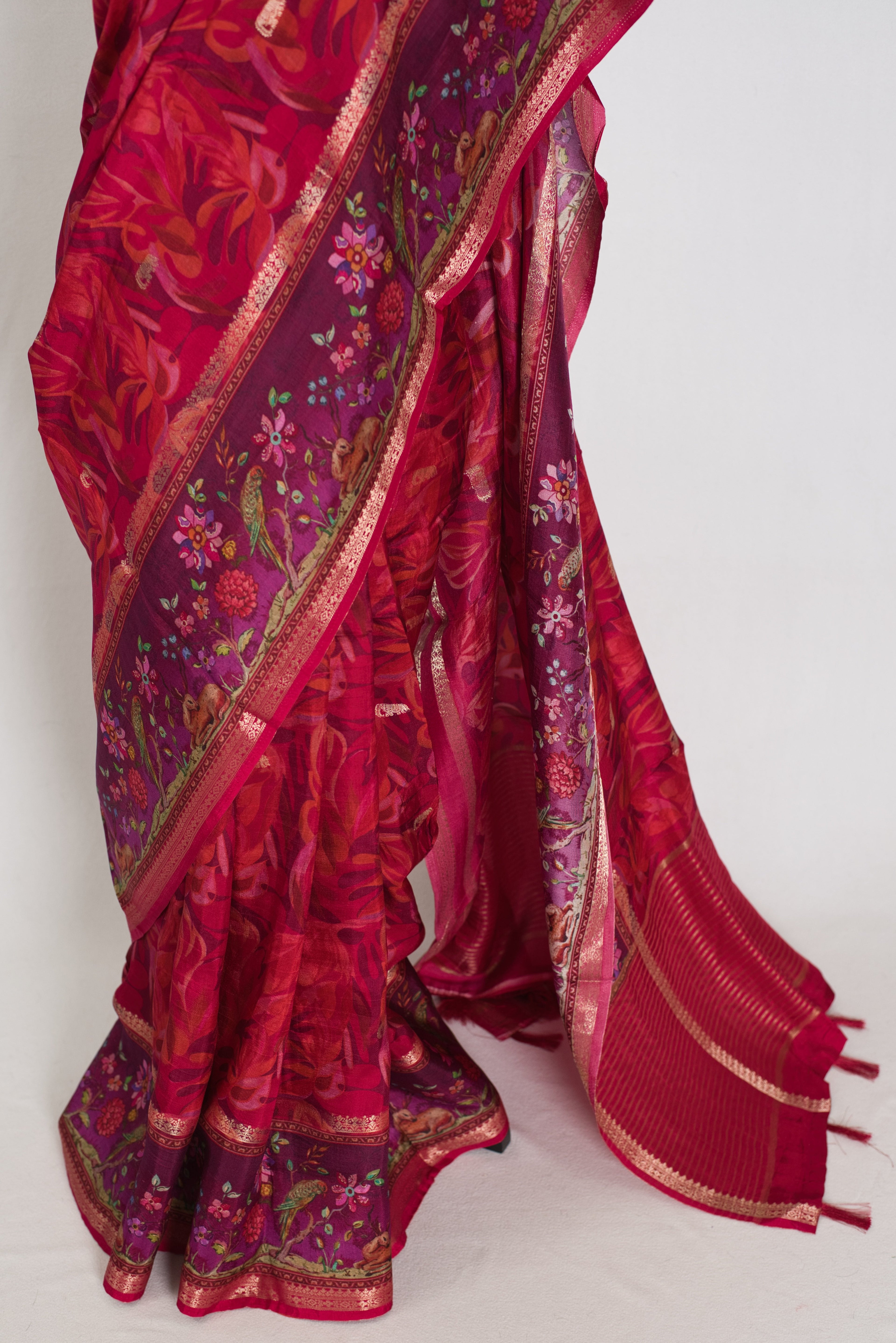 Stuti | Dark Rose Pink Dola Silk Banarasi Saree | Contrast Purple Floral Printed