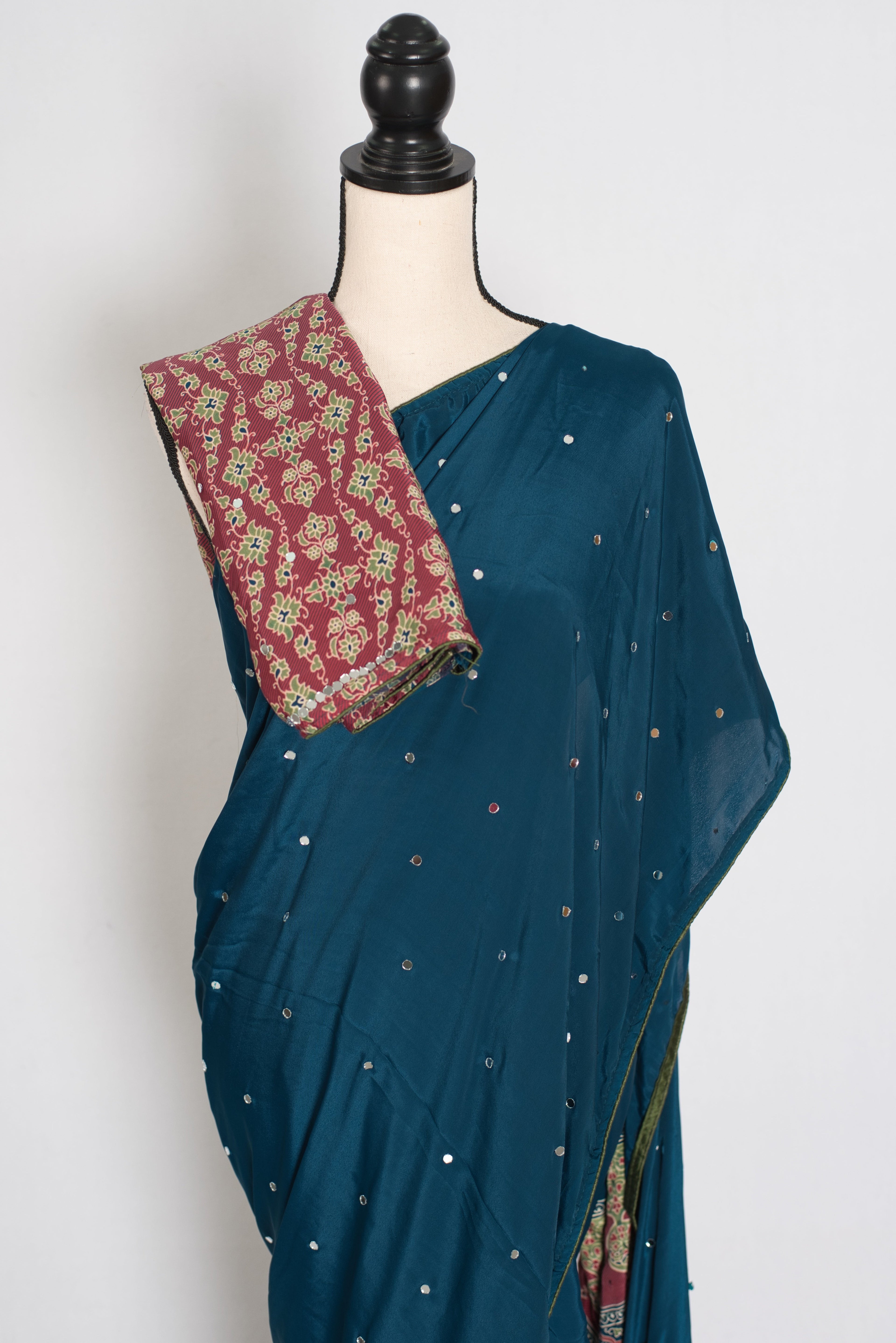 Ira | Teal Blue Mirror Work Partywear Saree | Ajrakh Printed Pallu & Blouse