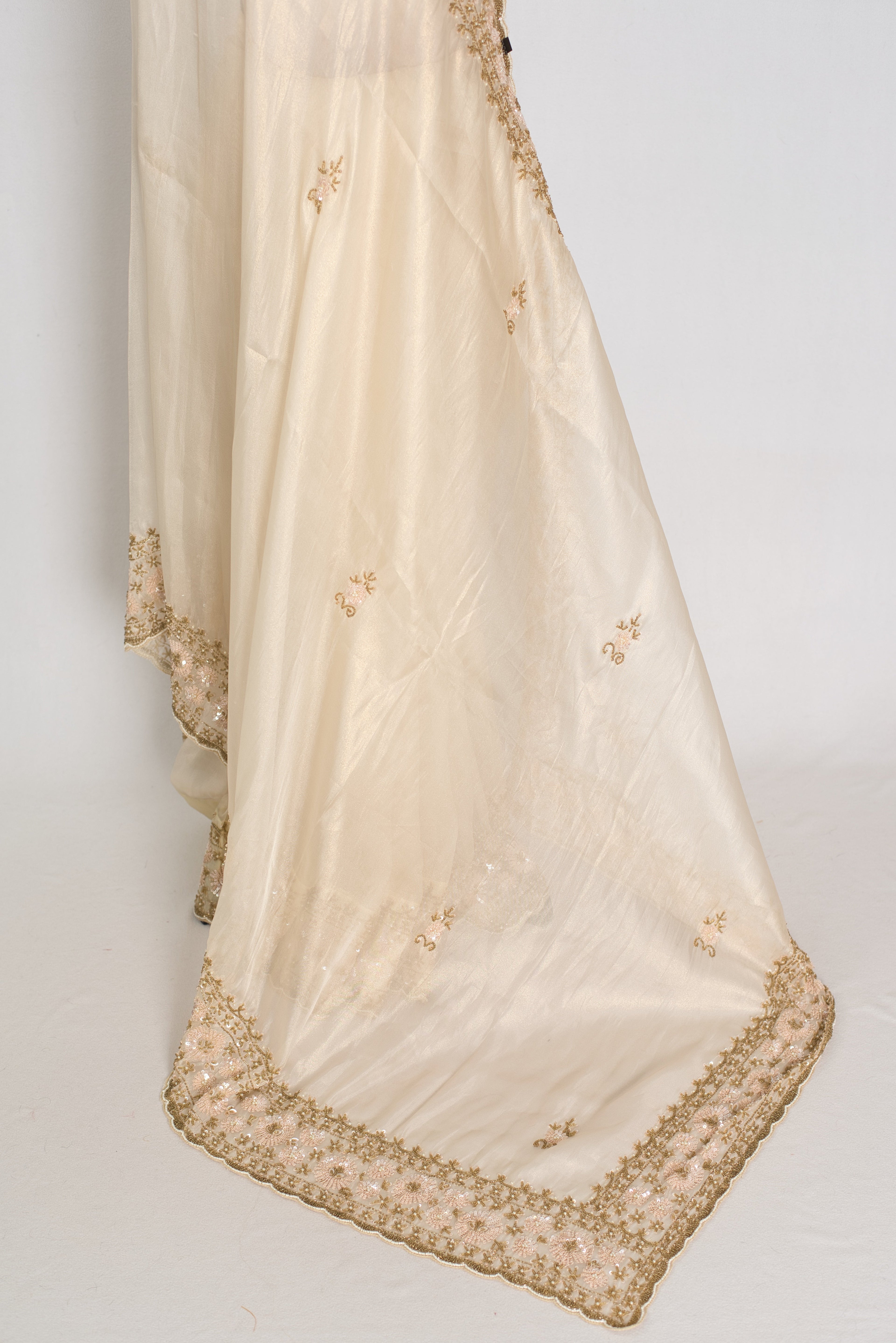Shruti | Cream & Gold Soft Tissue Embroidered Wedding Saree | Pastel Collection