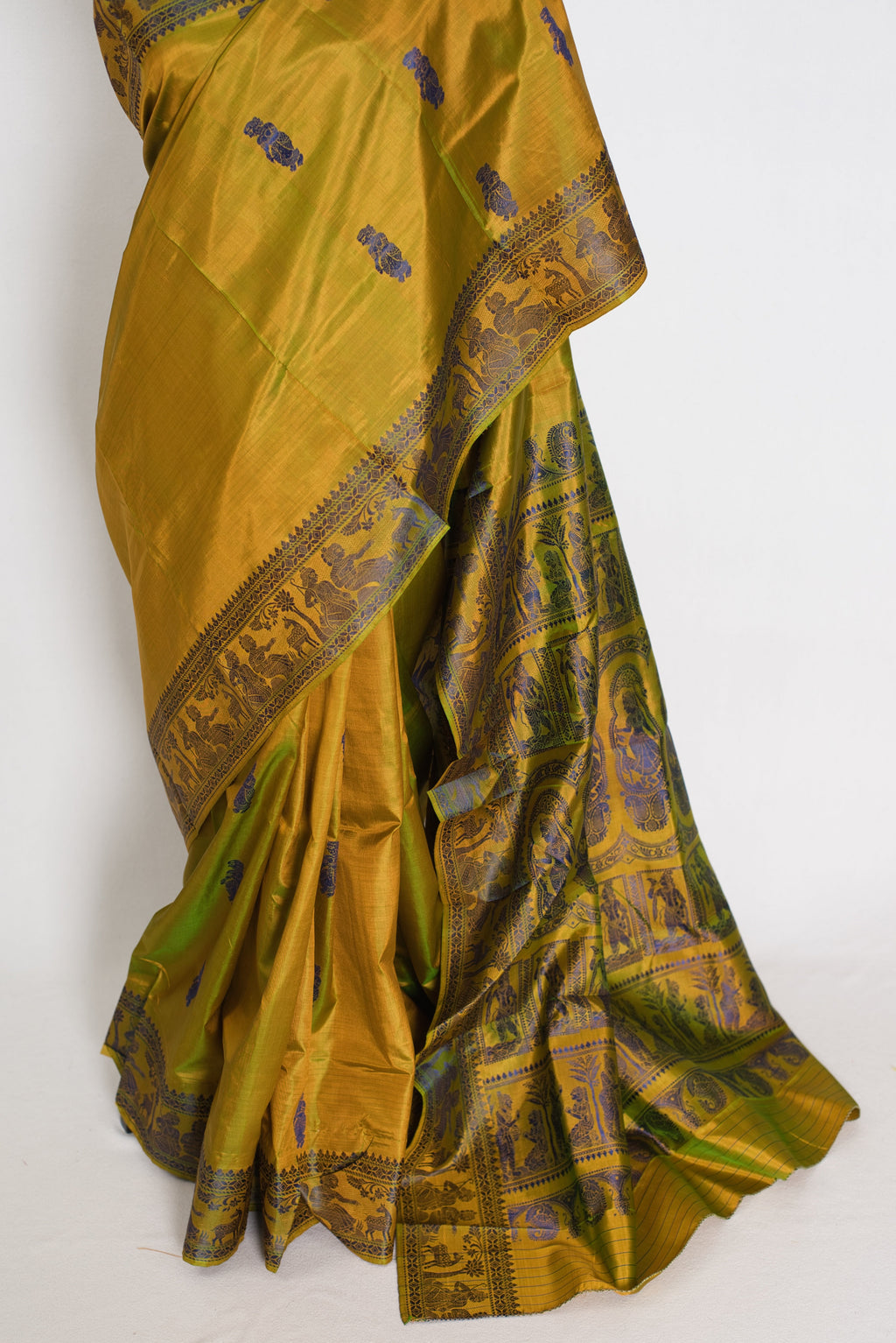 Bithi | Heena Green Handwoven Bishnupuri Baluchari Silk Saree | 38 Size Blouse