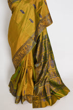Bithi | Heena Green Handwoven Bishnupuri Baluchari Silk Saree | 38 Size Blouse