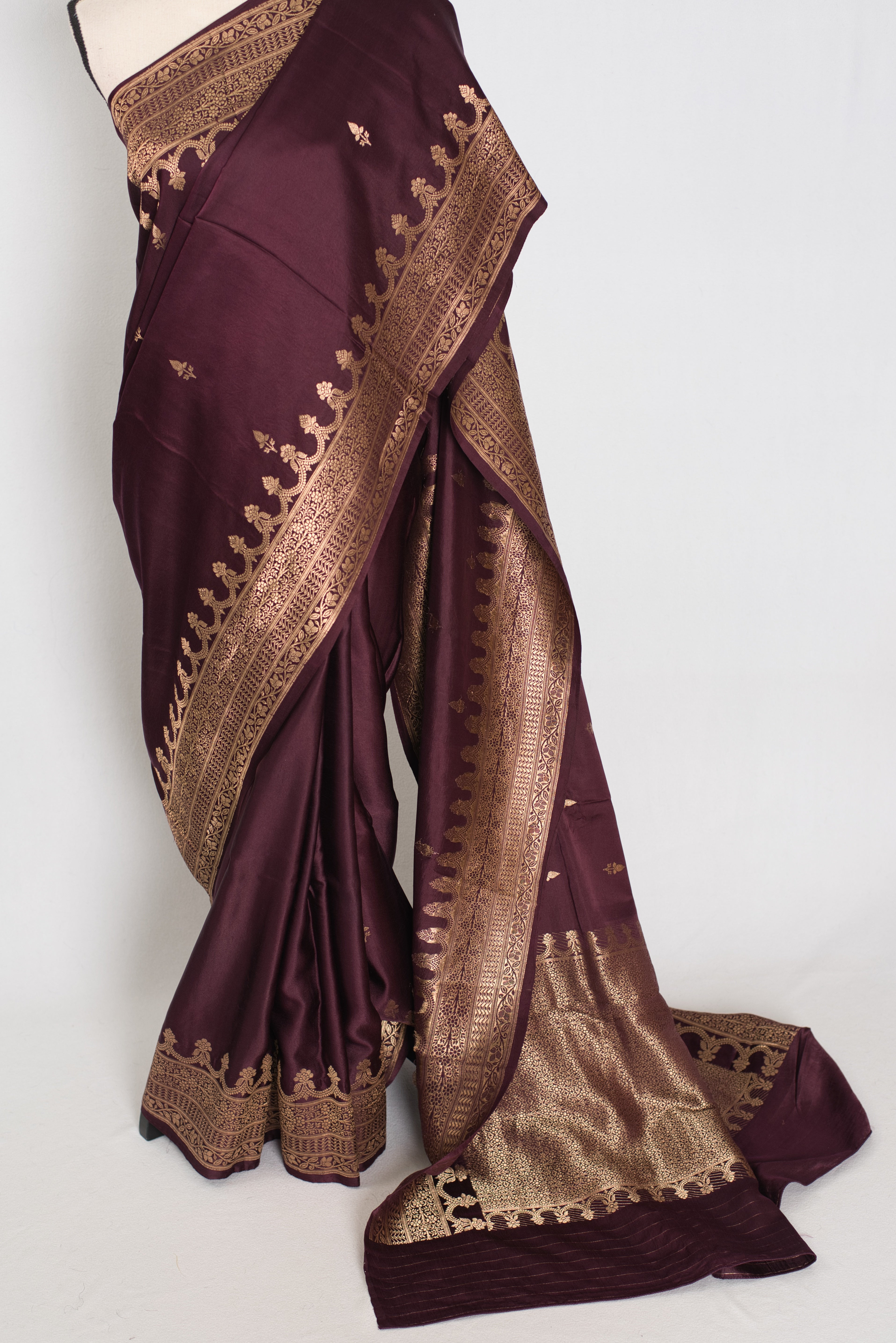 Ruuh | Wine Premium Mashru Banarasi Silk Saree | Antique Gold Zari Weaving
