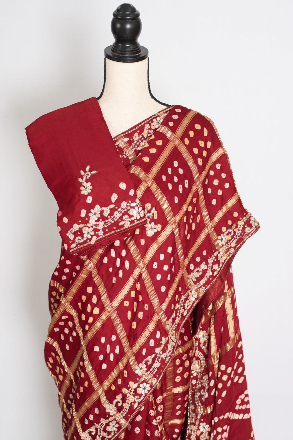 Roshni | Maroon Gharchola Gajji Silk Saree | Zardosi Gota Patti Hand Embroidery