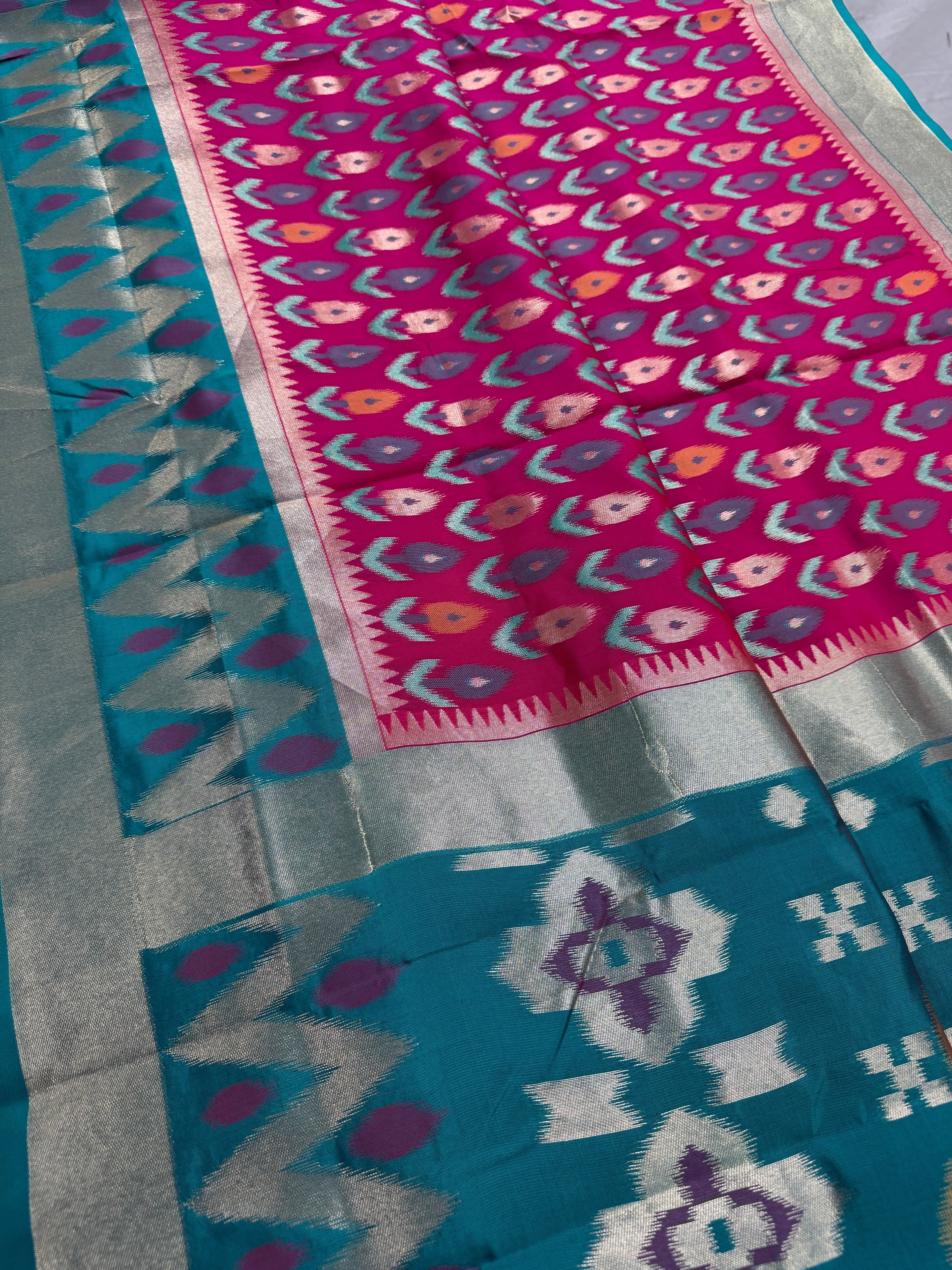 Kalyani | Hot Pink & Rama Green Art Silk Pochampally Saree