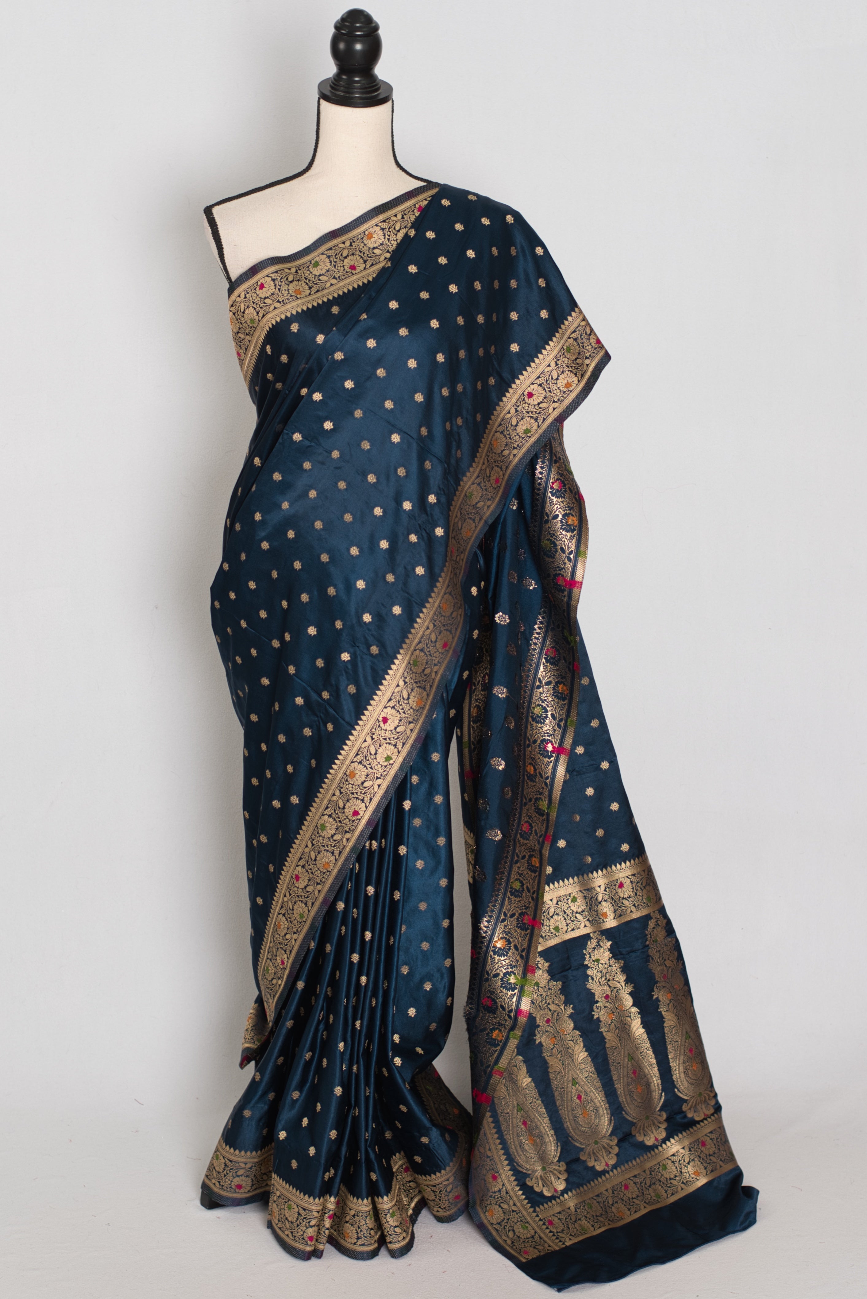 Nayan | Midnight Blue Semi Mashru Banarasi Saree | Pre-Stitched Size 38 Blouse