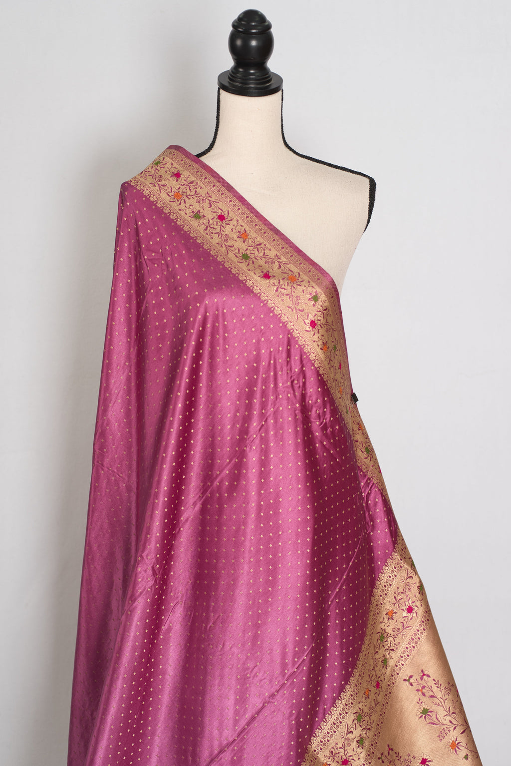 Indrani | Purplish Pink Semi Mashru Banarasi Saree | Pre-Stitched Size 36 Blouse