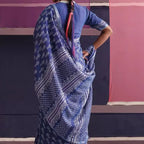 Indian Traditional Thin Deep Blue Printed Cotton and Linen Sari