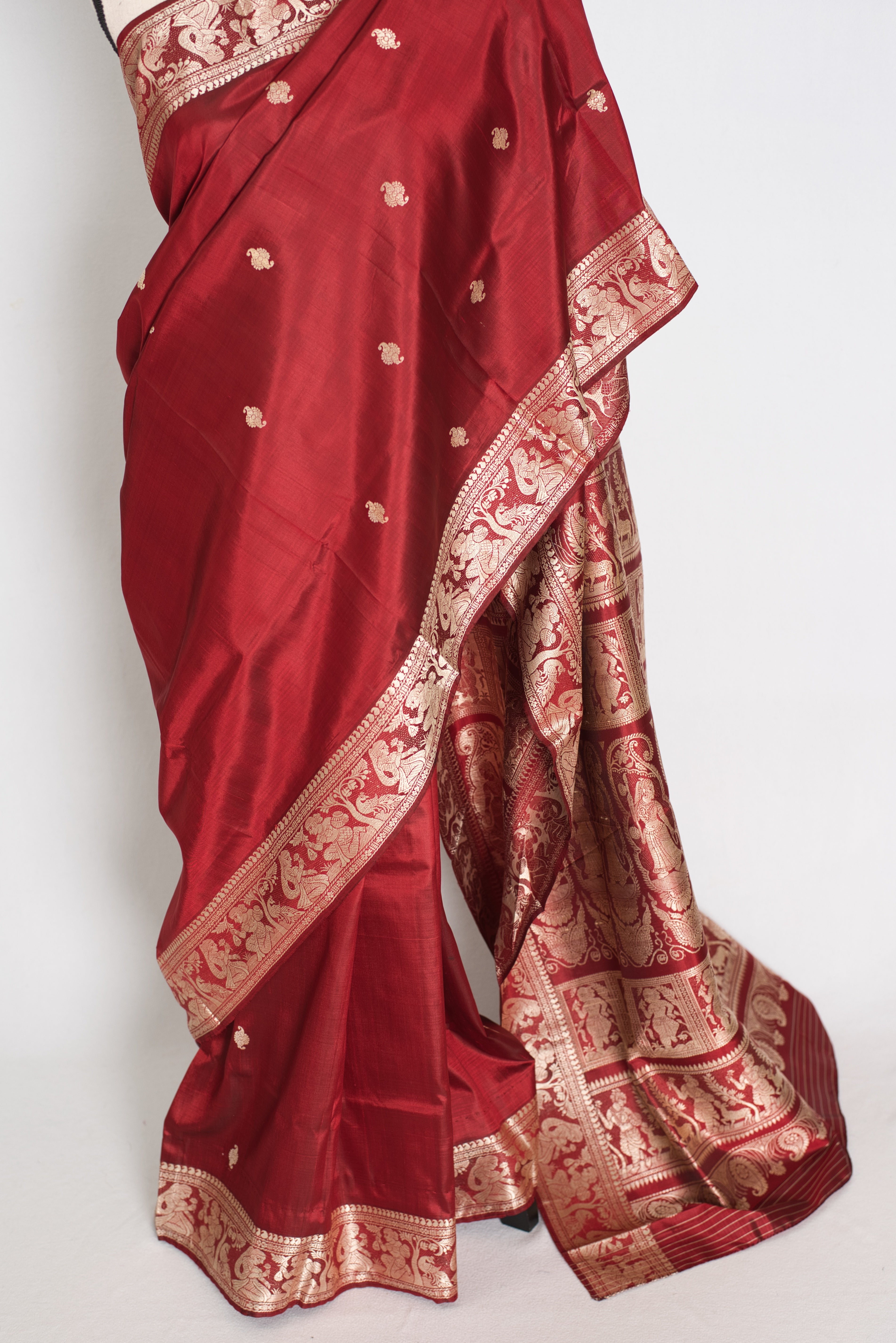 Pritha | Royal Maroon and Cream Handwoven Baluchari Pure Silk Saree