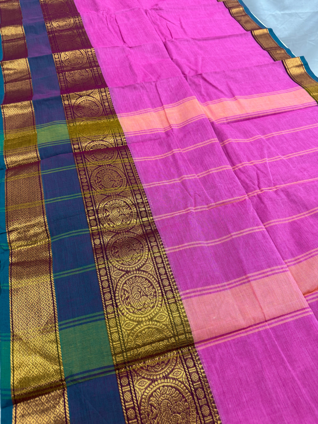 Abira : Handwoven Kanchi Cotton Saree in Pink and Peacock Blue