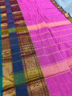 Abira : Handwoven Kanchi Cotton Saree in Pink and Peacock Blue