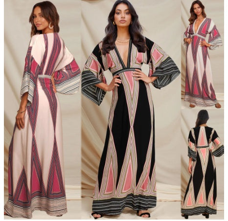 Deep V Neck Indian Print Dress Plus Size Women's