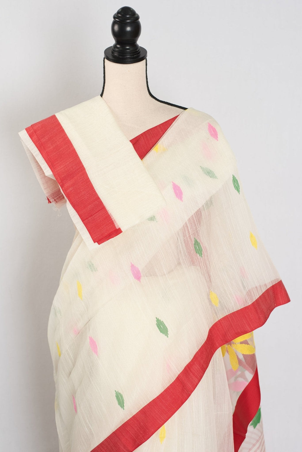 Balaka: White & Red Bengal Linen-Cotton Saree | Traditional Lal-Par Saree