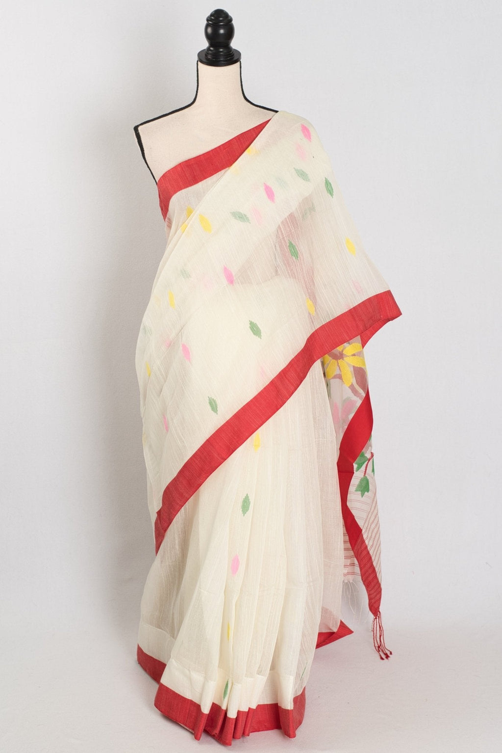 Balaka: White & Red Bengal Linen-Cotton Saree | Traditional Lal-Par Saree