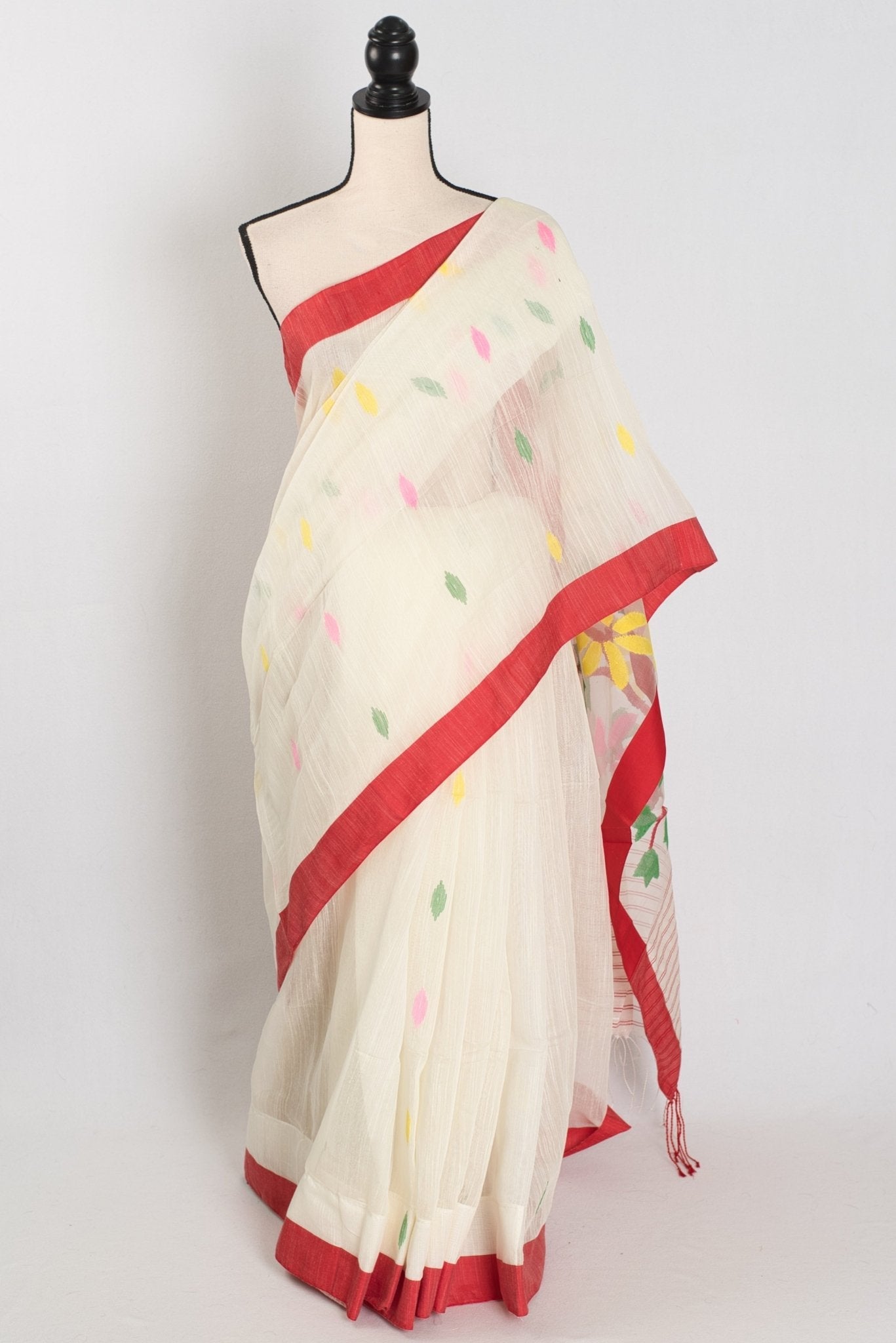 Balaka: White & Red Bengal Linen-Cotton Saree | Traditional Lal-Par Saree