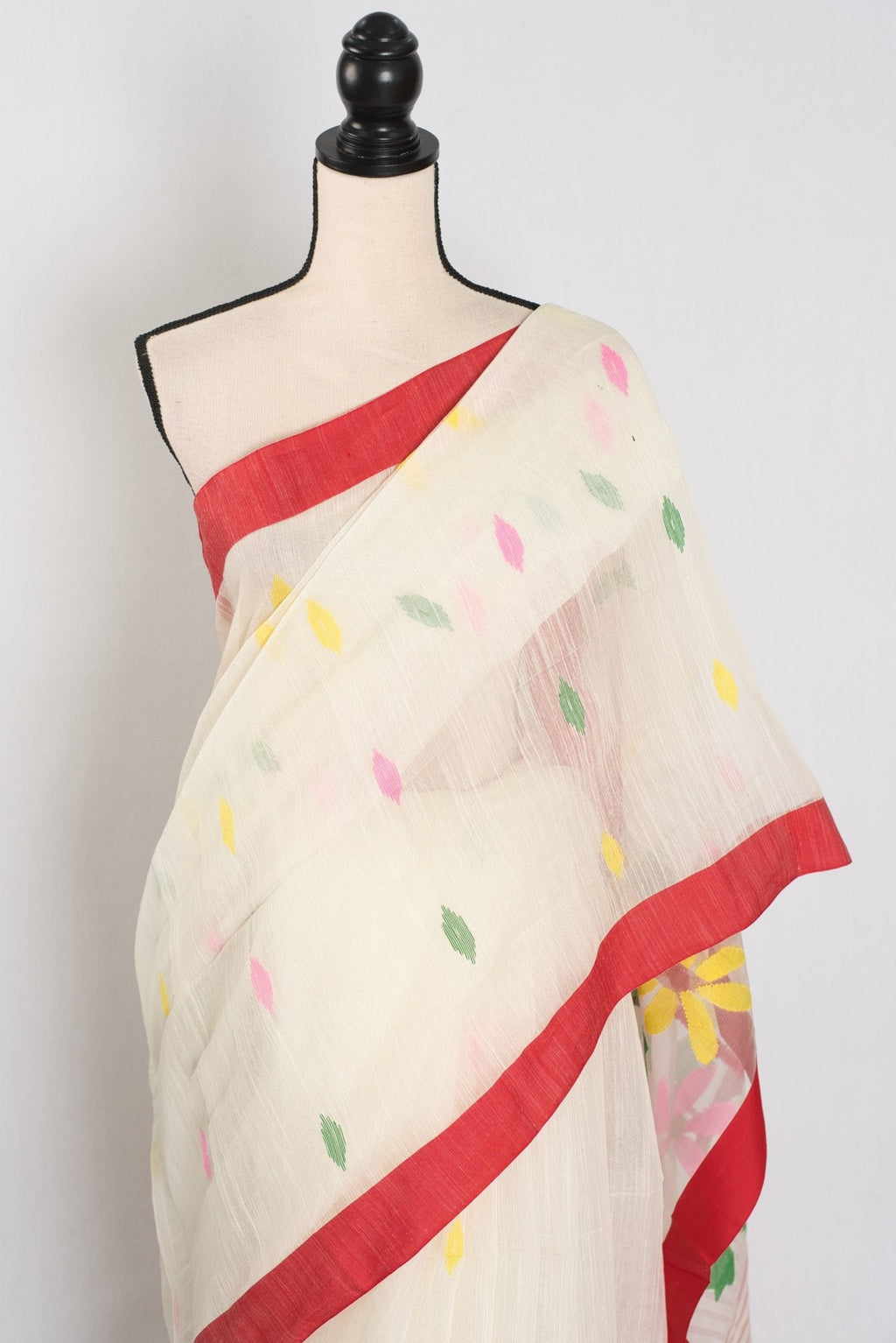 Balaka: White & Red Bengal Linen-Cotton Saree | Traditional Lal-Par Saree