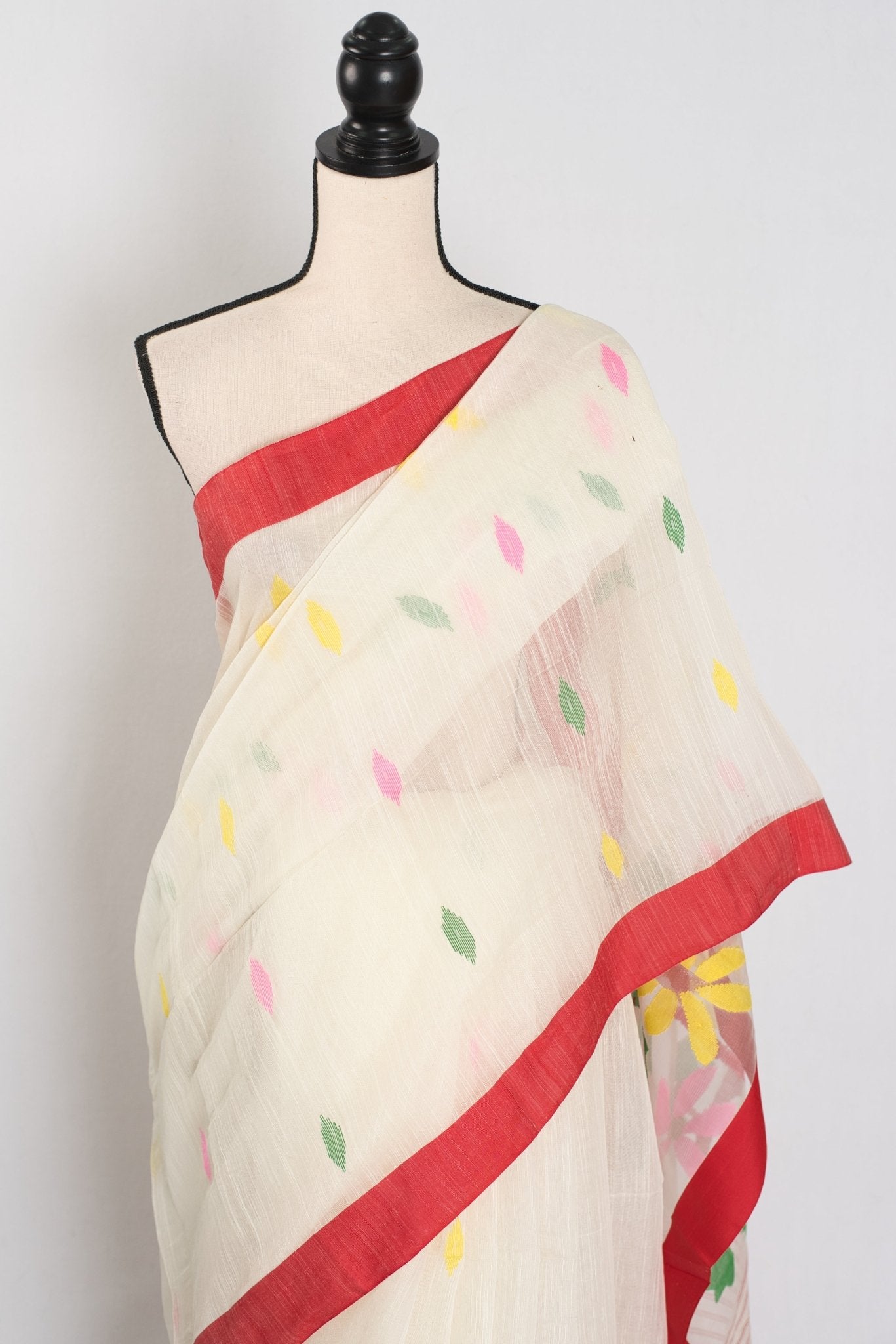 Balaka: White & Red Bengal Linen-Cotton Saree | Traditional Lal-Par Saree