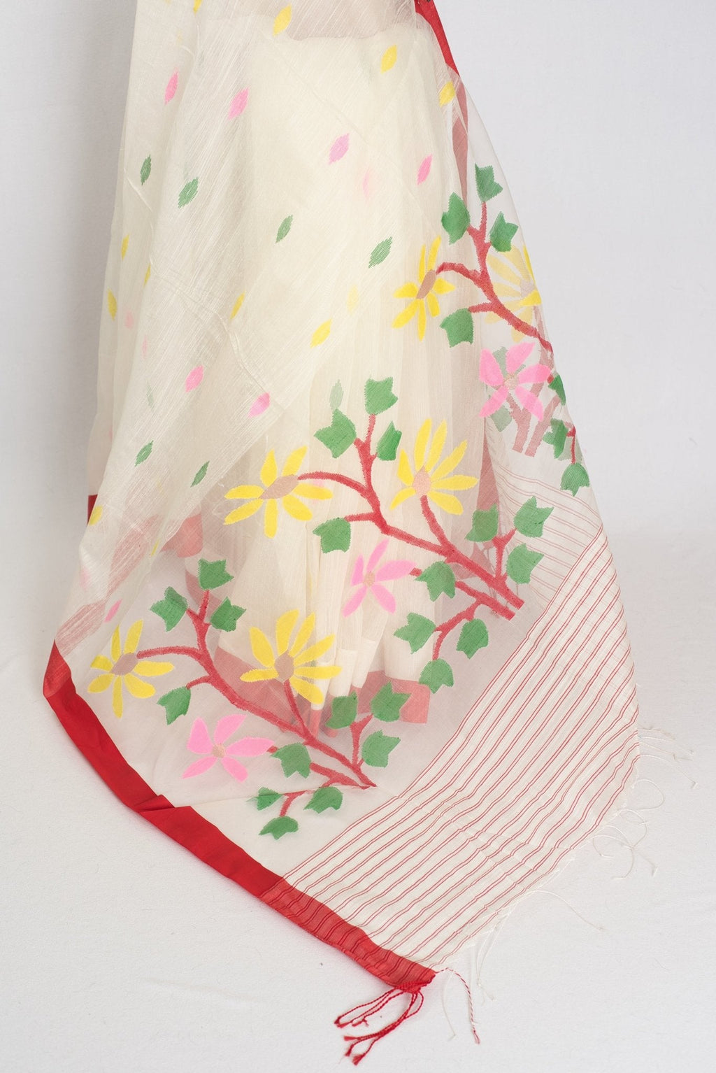 Balaka: White & Red Bengal Linen-Cotton Saree | Traditional Lal-Par Saree