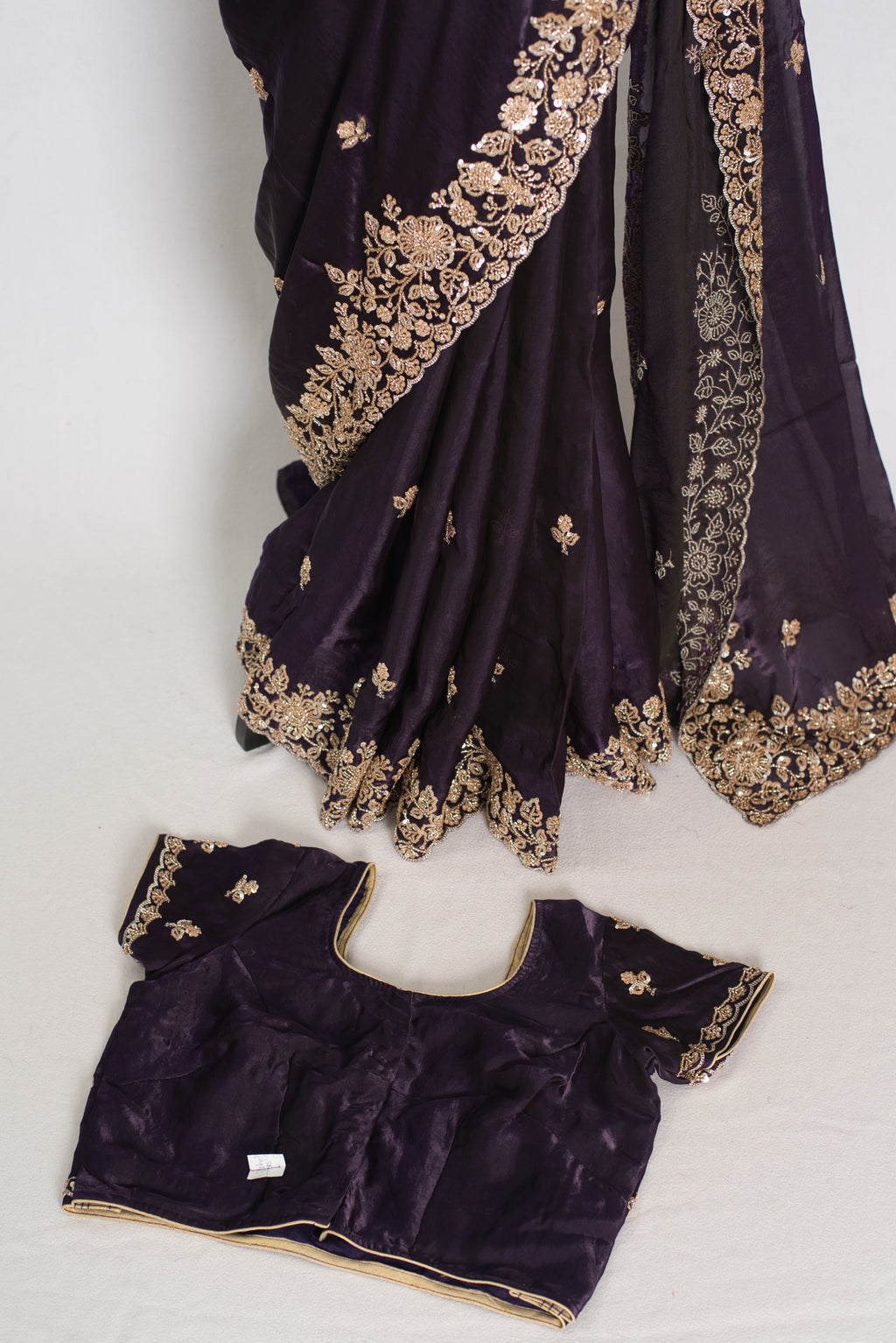 Priya | Deep Purple Tissue Saree | Stitched Size 38 Blouse (Adjustable to 40)