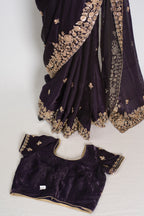 Priya | Deep Purple Tissue Saree | Stitched Size 38 Blouse (Adjustable to 40)