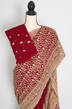Mohey | Maroon and Gold Georgette Bridal Saree | Elegant Royal Festive Wear
