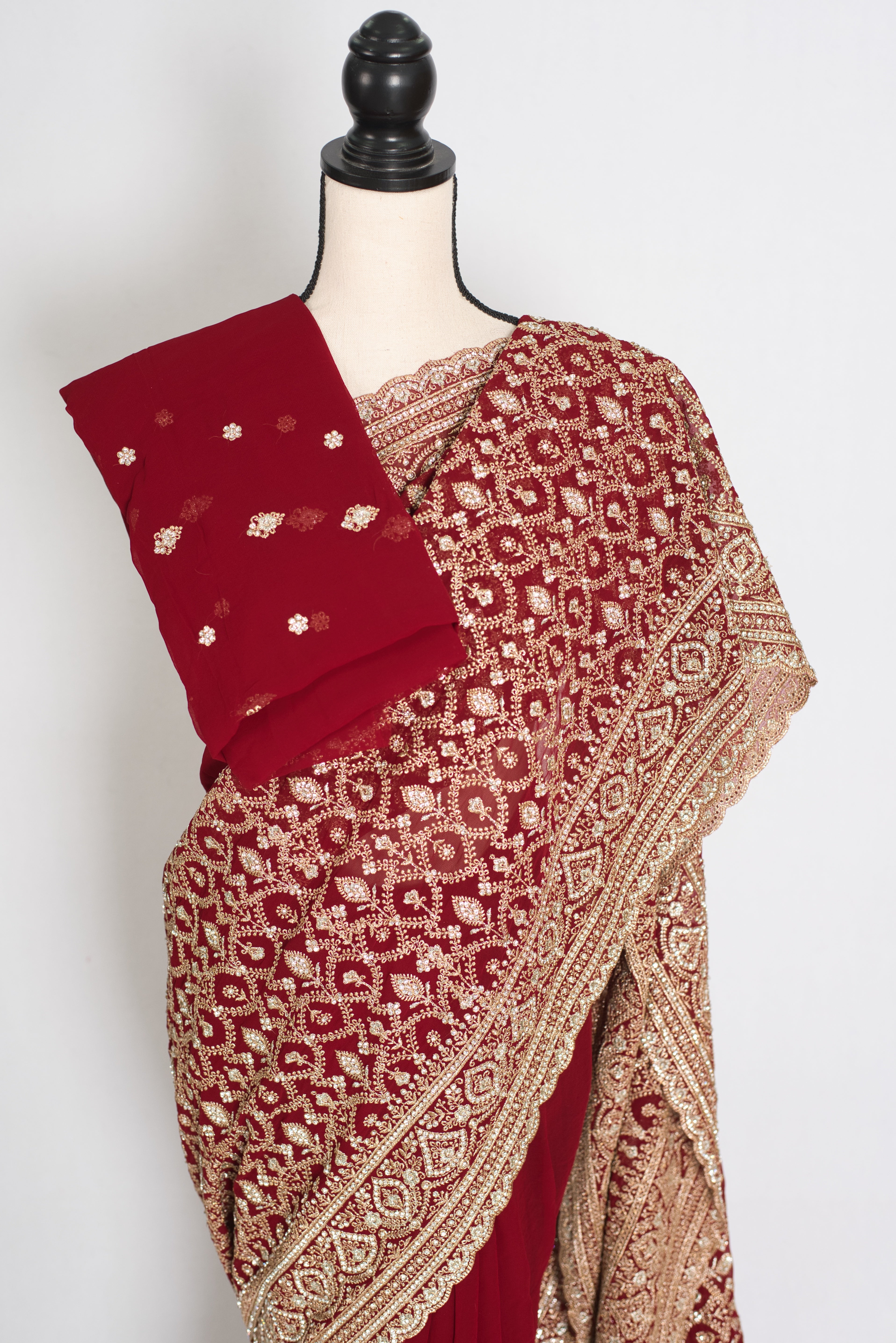 Mohey | Maroon and Gold Georgette Bridal Saree | Elegant Royal Festive Wear