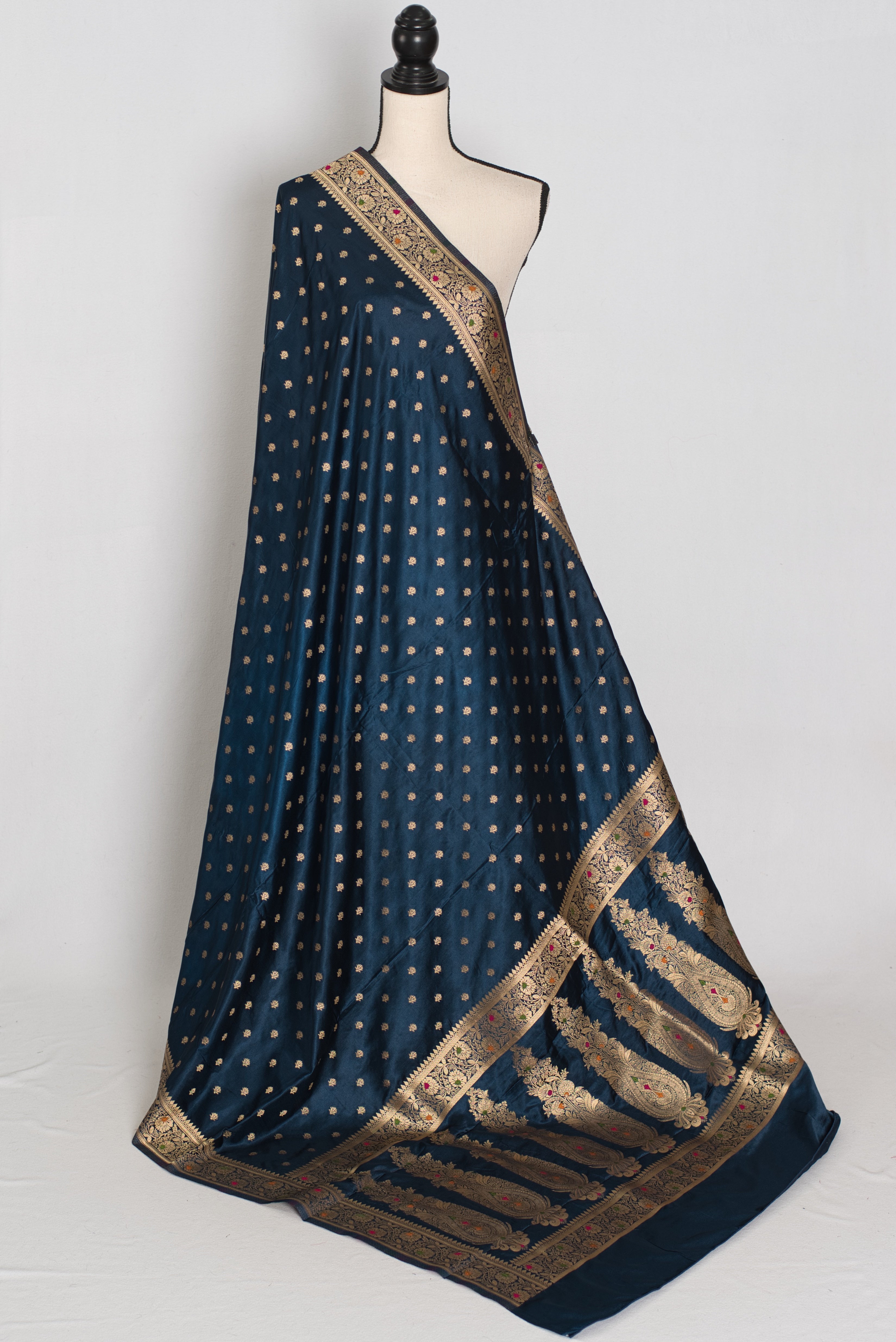 Nayan | Midnight Blue Semi Mashru Banarasi Saree | Pre-Stitched Size 38 Blouse