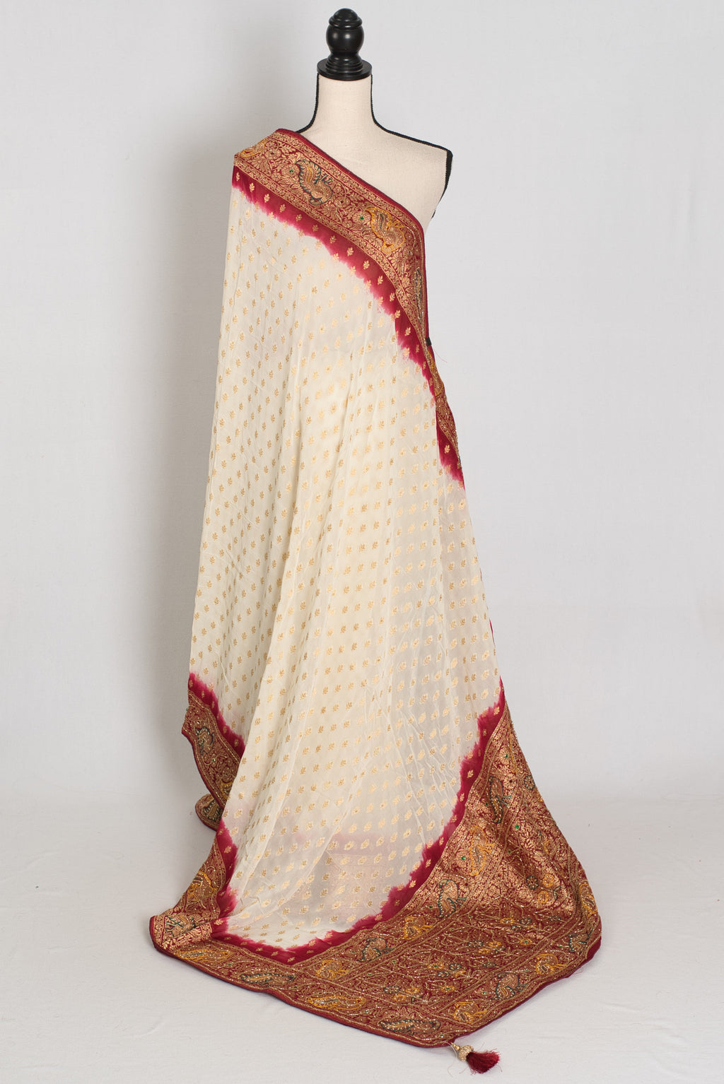 Jiya | Cream & Maroon Crepe Georgette Banarasi Saree | Traditional Bengali look