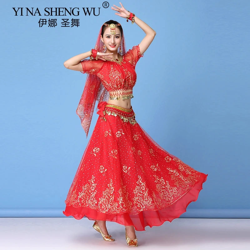 Bollywood Dress Costume Women Indian Dance Set Belly Dance Sari Clothing Belly Dance Performance Clothes Chiffon Dance Set New