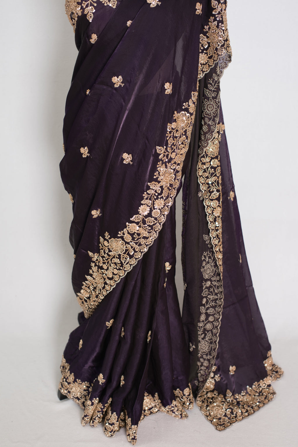 Priya | Deep Purple Tissue Saree | Stitched Size 38 Blouse (Adjustable to 40)