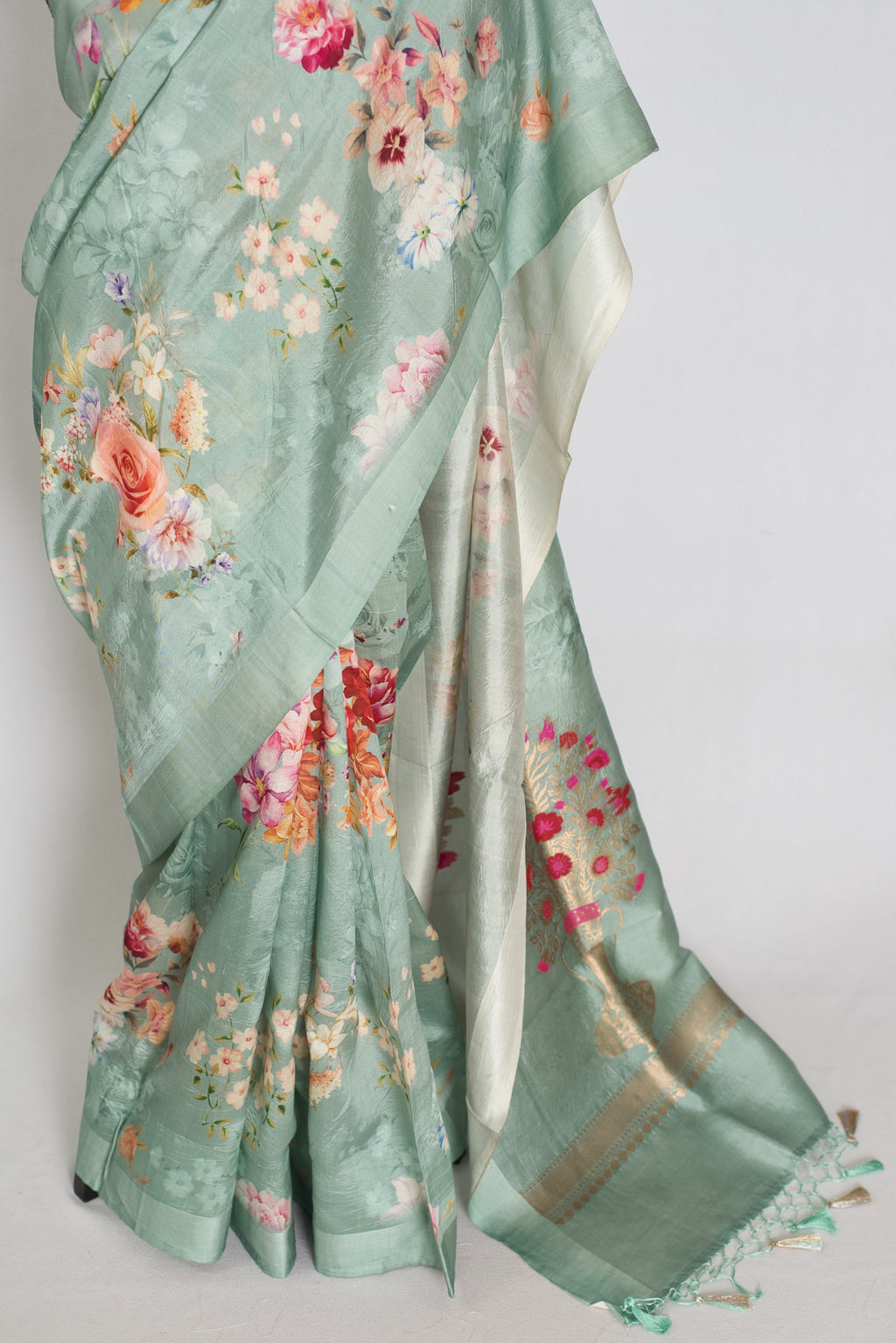 Soma : Sea Green Floral Banarasi Katan Silk Saree with 40 Size Stitched Blouse