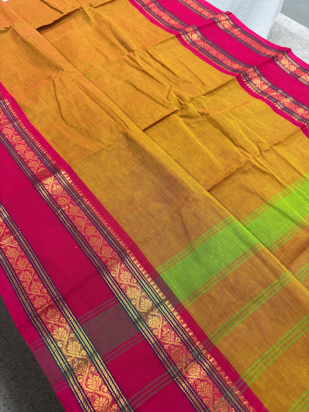 Vrinda : Handwoven Kanchi Cotton Saree in Orangish Yellow with Rani Pink