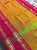 Vrinda : Handwoven Kanchi Cotton Saree in Orangish Yellow with Rani Pink