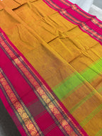 Vrinda : Handwoven Kanchi Cotton Saree in Orangish Yellow with Rani Pink