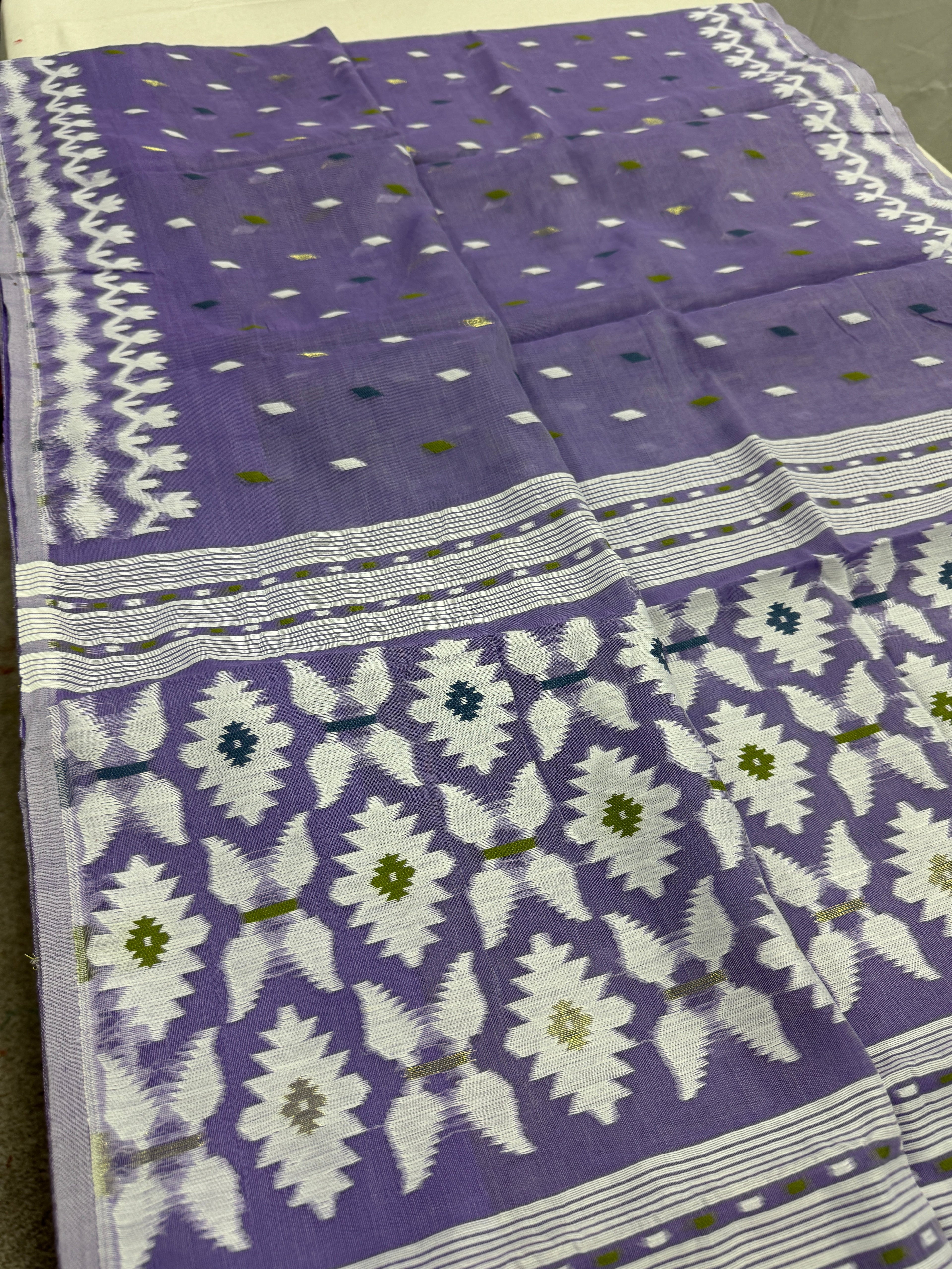 Madhabi : Mauve and White Blended Soft Cotton Jamdani Saree