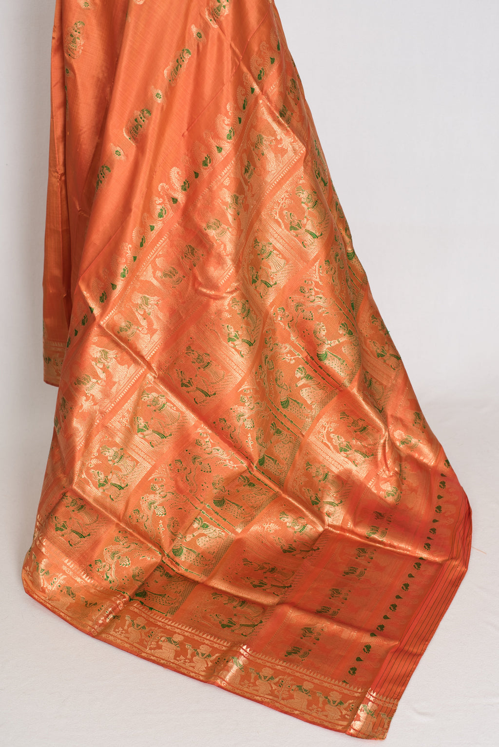 Gauri | Orange and Green Handwoven Bishnupuri Minakari Swarnachari Silk Saree