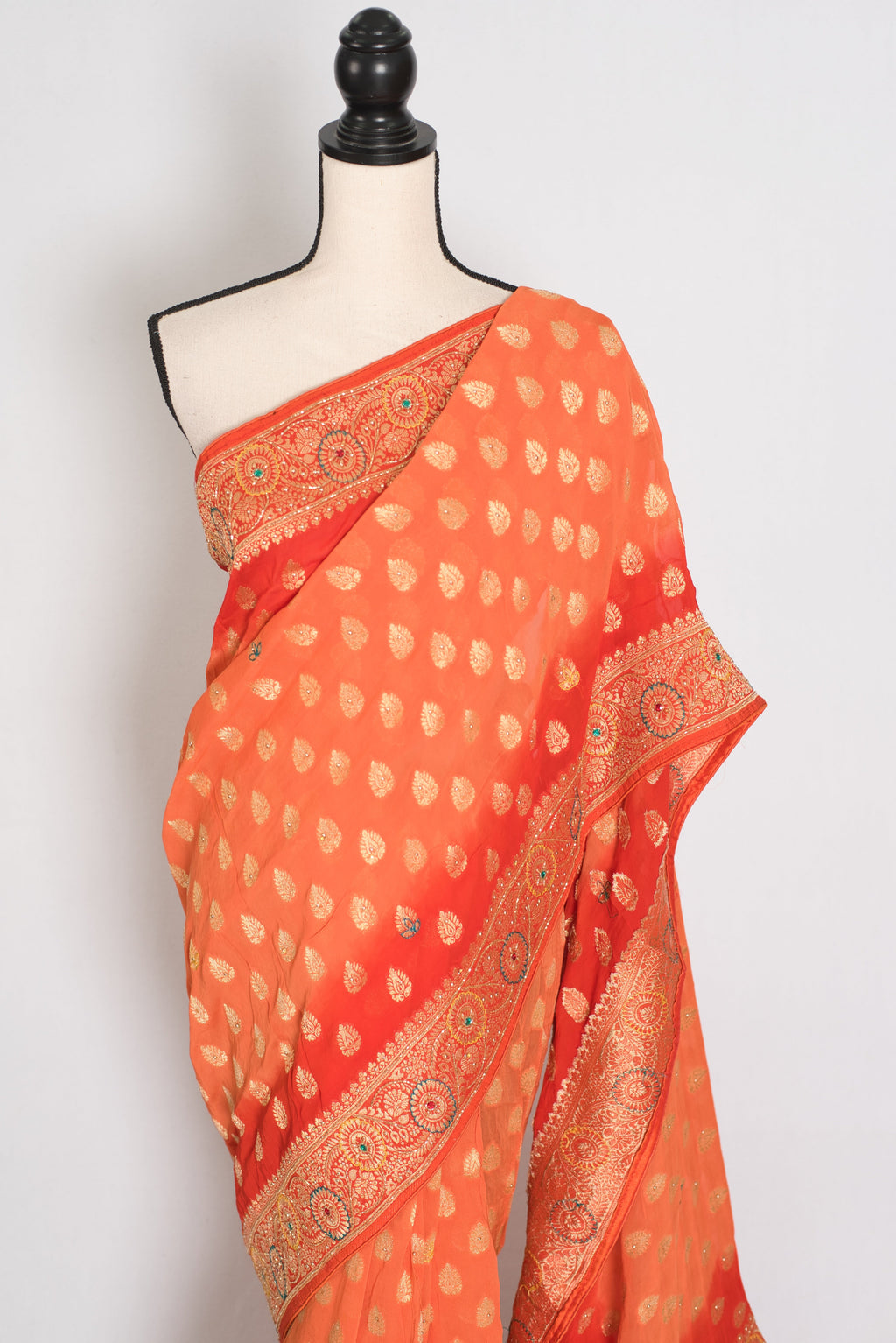 Anisha | Orange Semi Khaddi Georgette Banarasi Saree | Embroidery Work