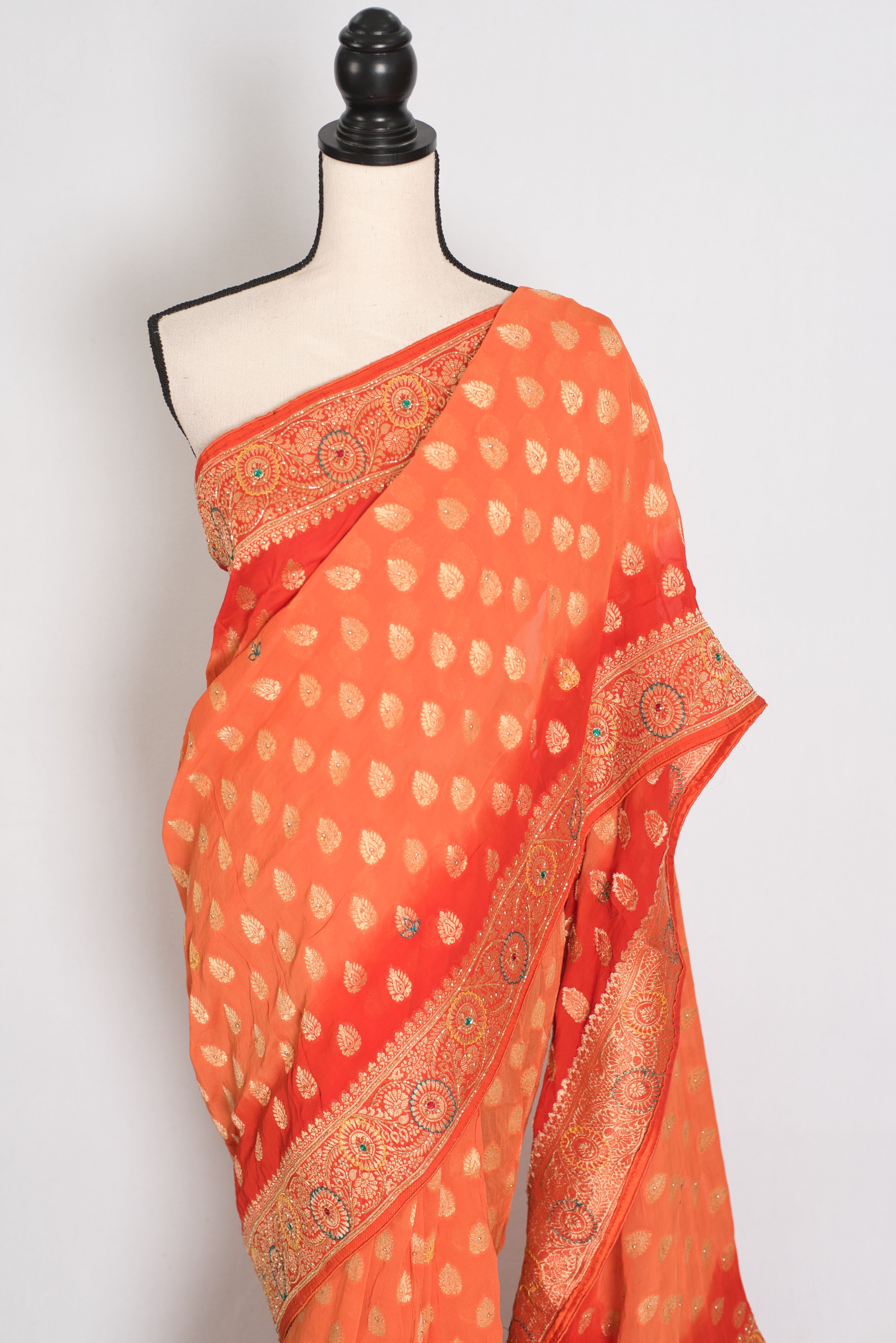 Anisha | Orange Semi Khaddi Georgette Banarasi Saree | Embroidery Work