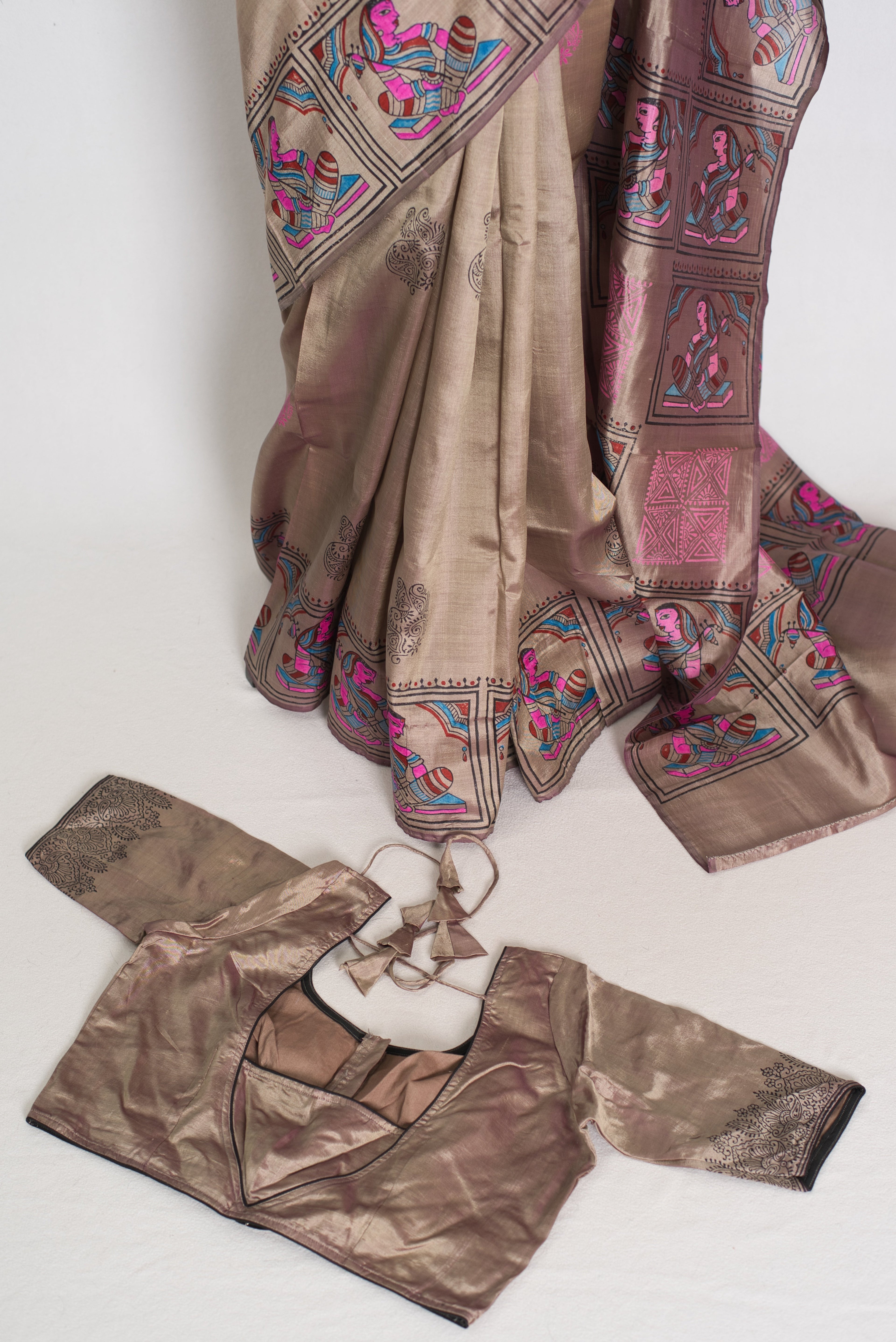Ria | Ash Brown Hand Block Printed Bishnupur Silk Saree | 40 Size Blouse