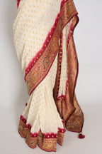 Jiya | Cream & Maroon Crepe Georgette Banarasi Saree | Traditional Bengali look